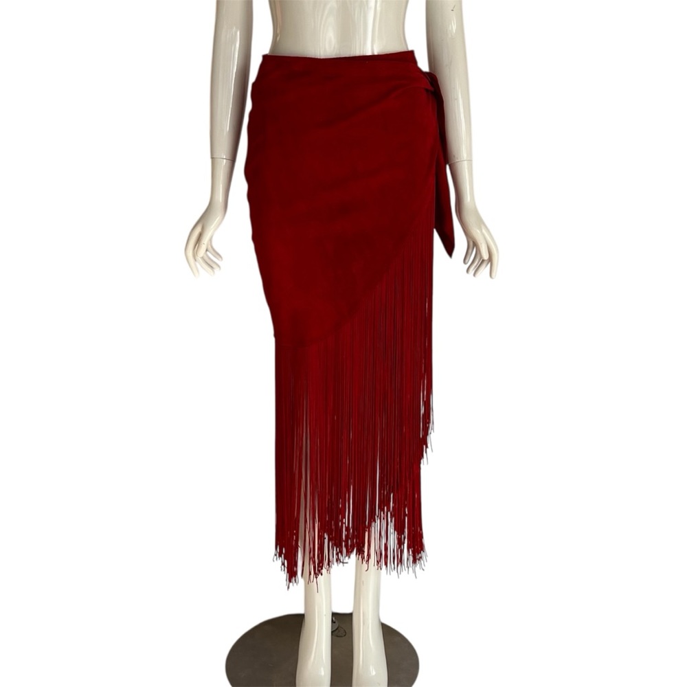 Vintage Red Fringe Suede Leather Wrap Skirt Womens 8 Western Festival Bold